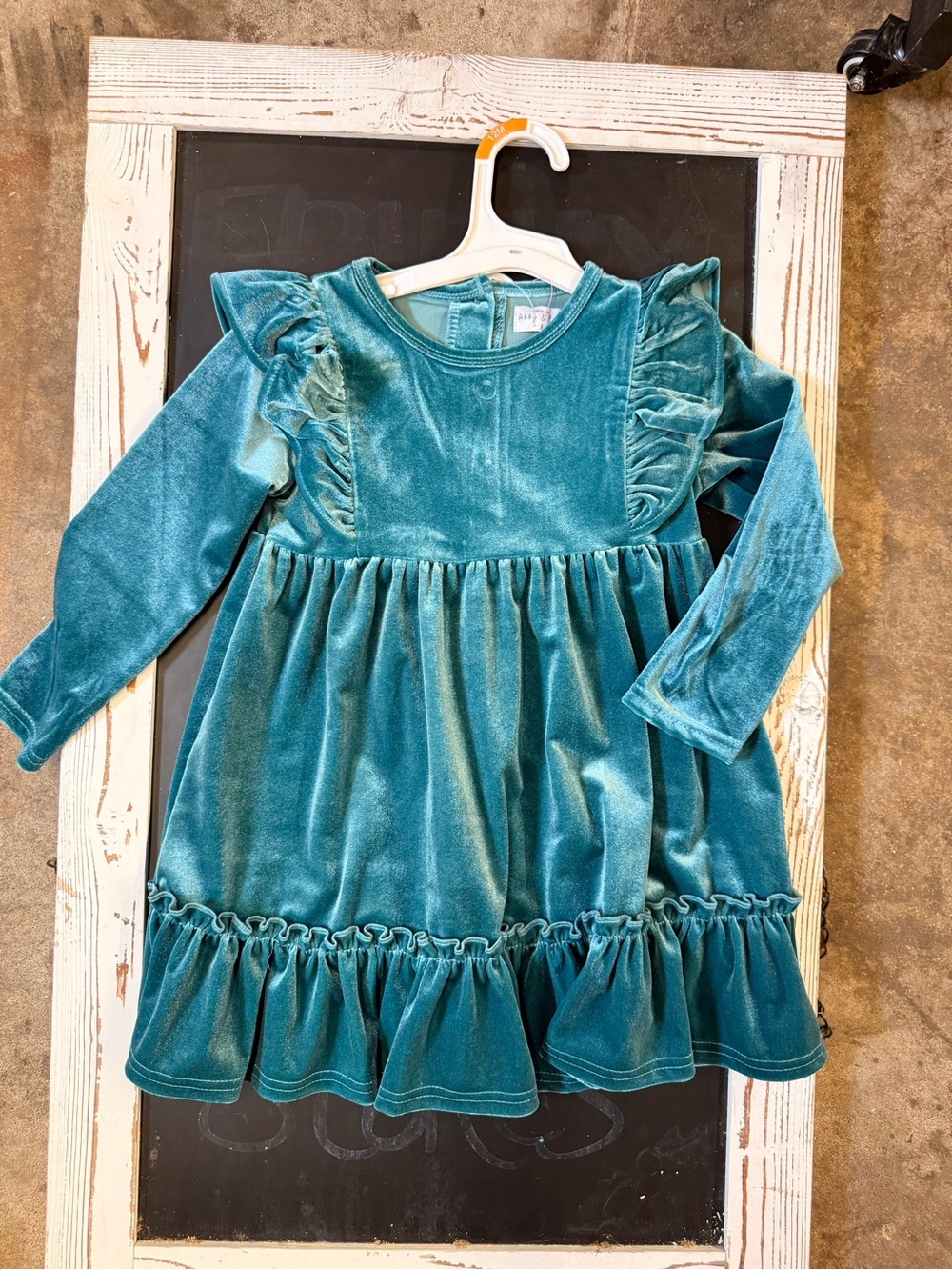 Velvet Ruffle Long-Sleeve Dress in Teal for Girls